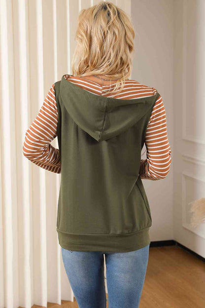 Women's Striped Color Block Drawstring Hoodie