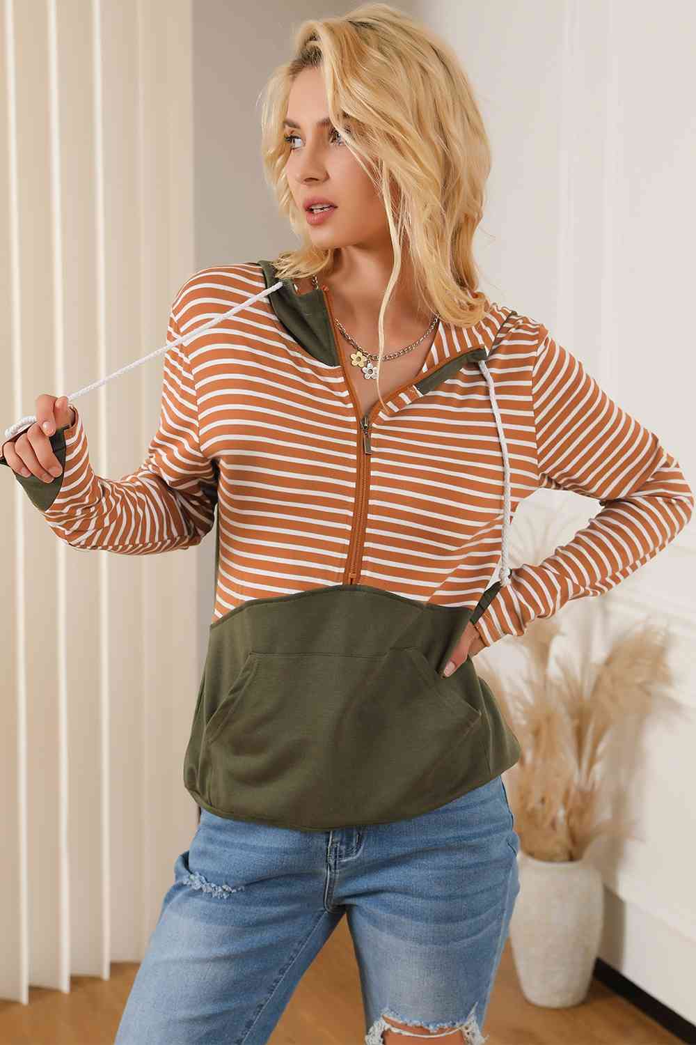 Women's Striped Color Block Drawstring Hoodie