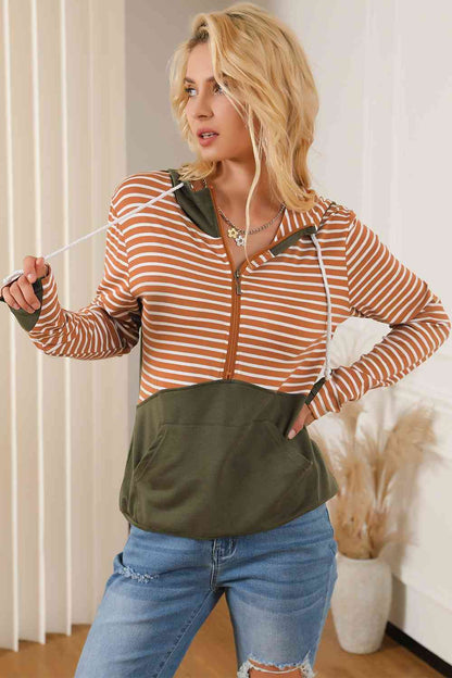 Women's Striped Color Block Drawstring Hoodie