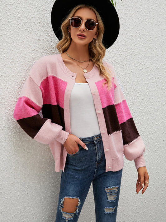 Women's Striped Colorblock Jacket Cardigan Sweater Pink