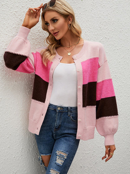 Women's Striped Colorblock Jacket Cardigan Sweater