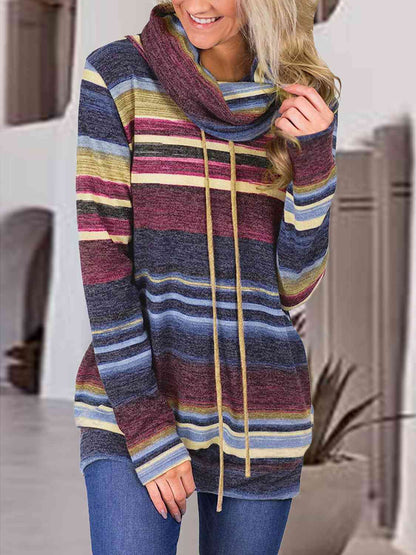 Women's Striped Drawstring Cowl Neck Sweatshirt Misty Blue