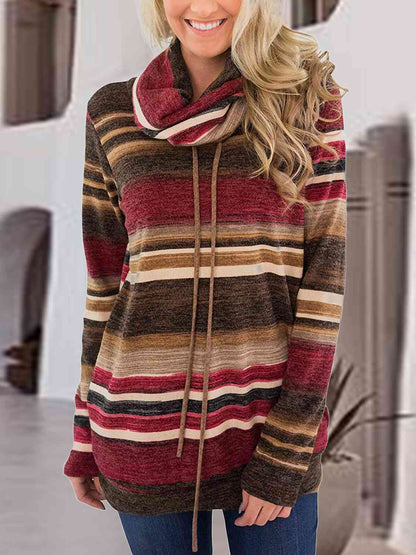 Women's Striped Drawstring Cowl Neck Sweatshirt Brick Red