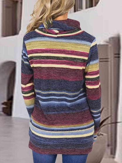 Women's Striped Drawstring Cowl Neck Sweatshirt