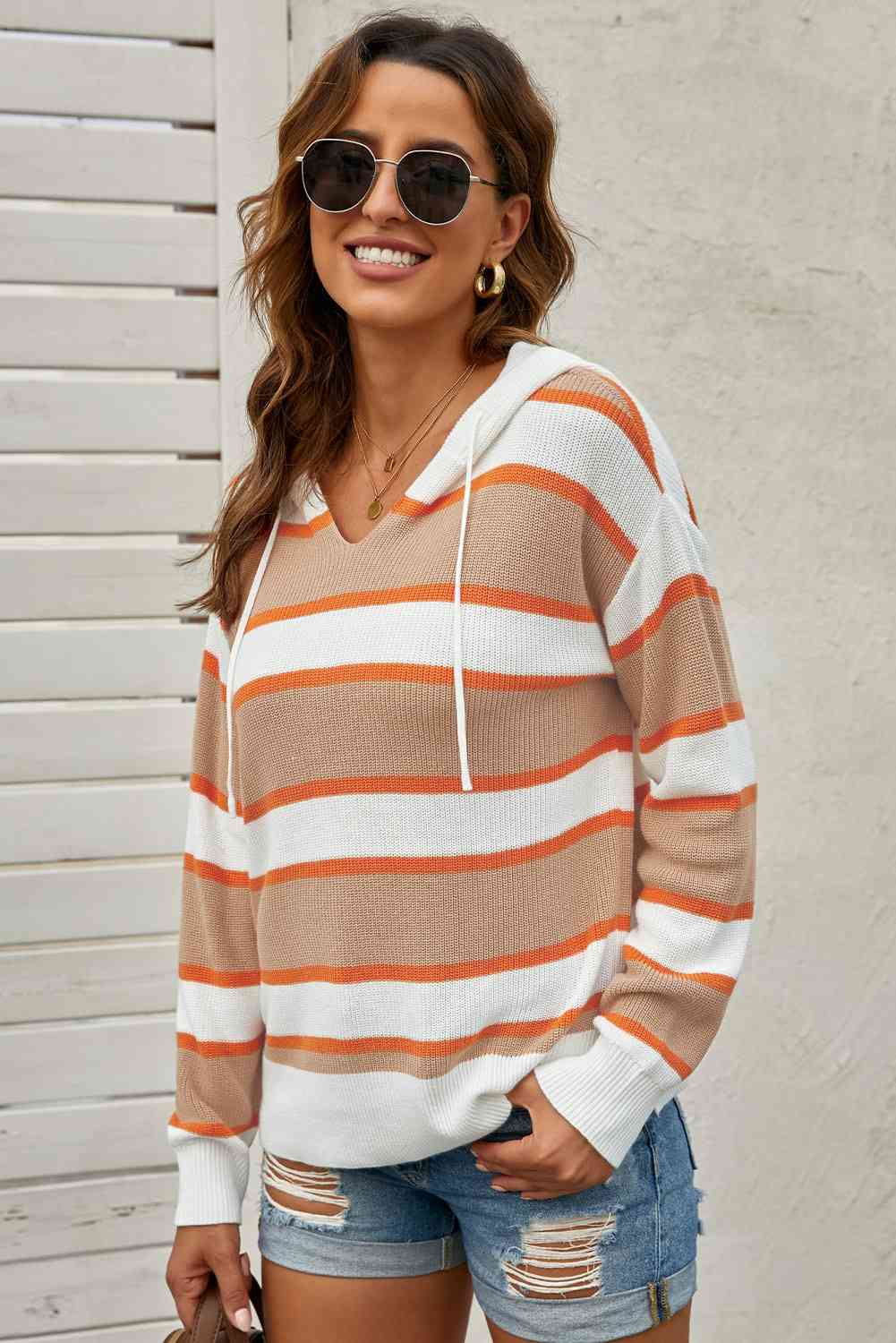 Women's Striped Drawstring Hooded Sweater