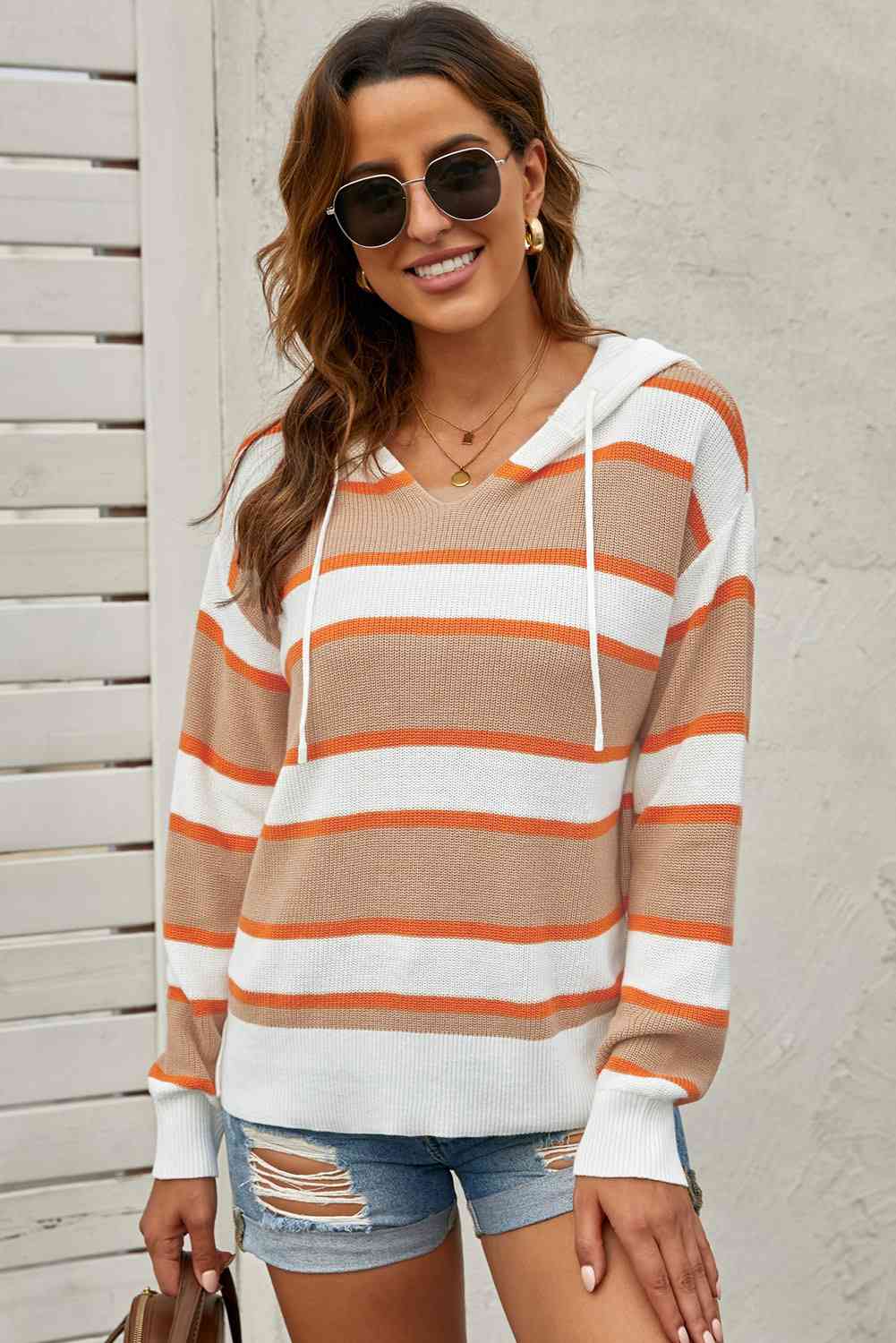 Women's Striped Drawstring Hooded Sweater Taupe