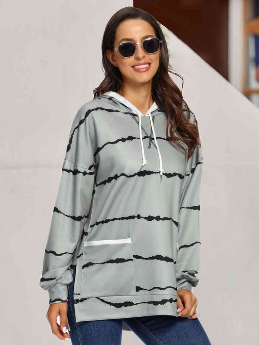 Women's Striped Drawstring Hoodie with Pockets Cloudy Blue