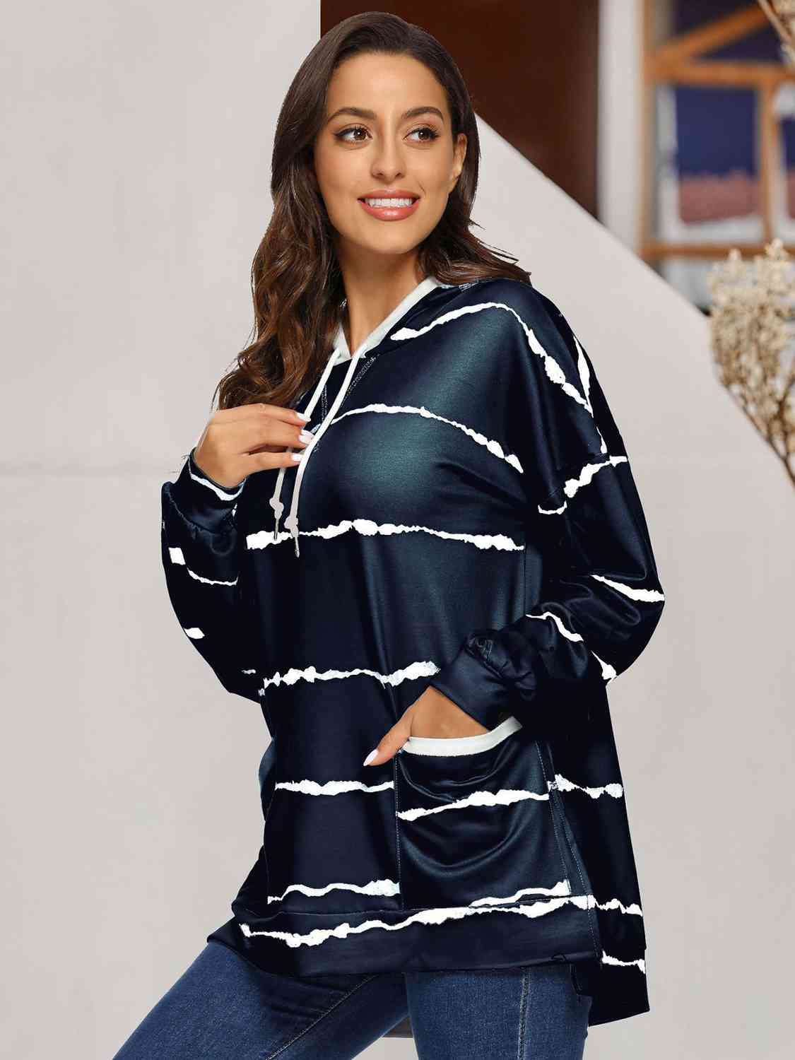 Women's Striped Drawstring Hoodie with Pockets Navy