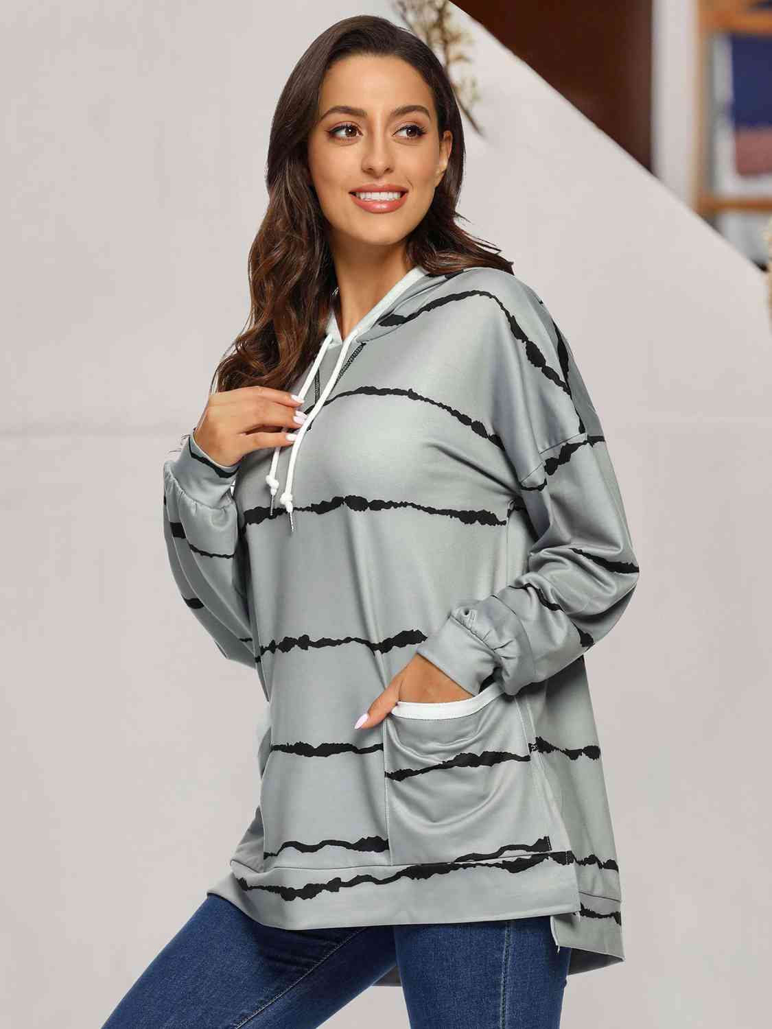 Women's Striped Drawstring Hoodie with Pockets