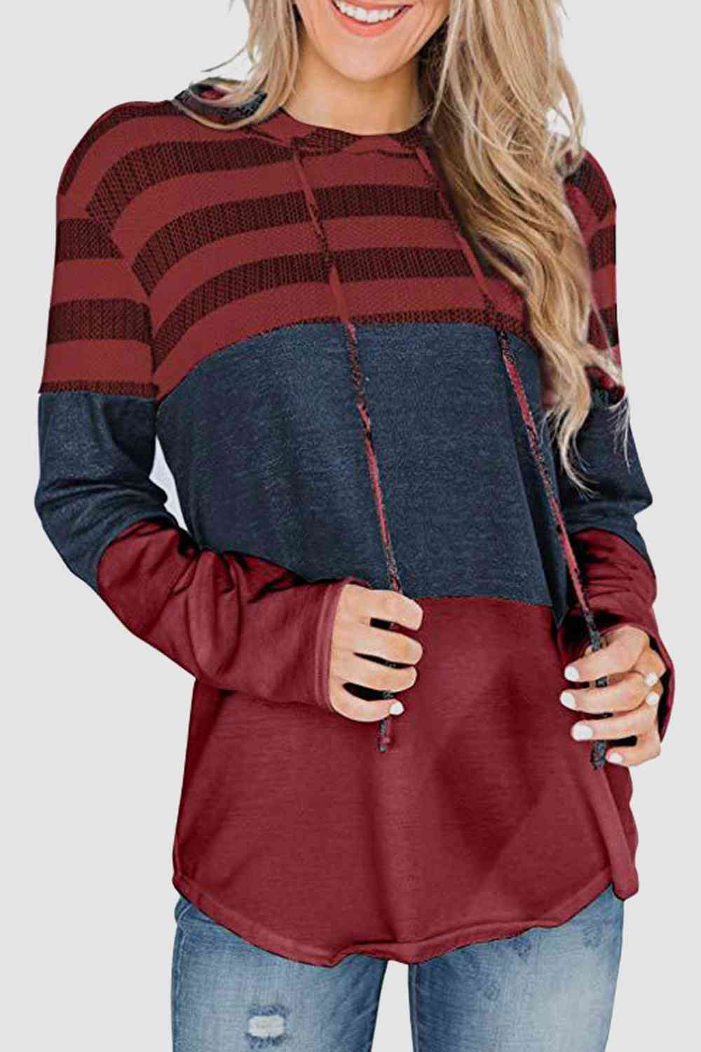 Women's Striped Drawstring Long Sleeve Hoodie Wine