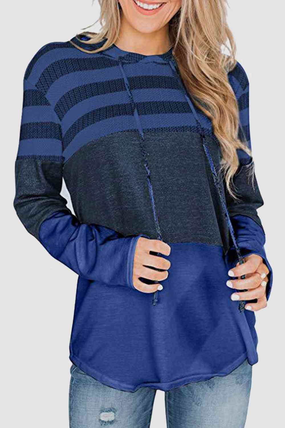 Women's Striped Drawstring Long Sleeve Hoodie Navy