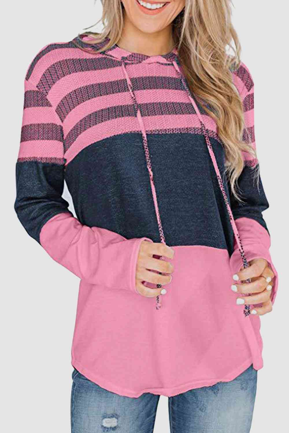 Women's Striped Drawstring Long Sleeve Hoodie Fuchsia Pink