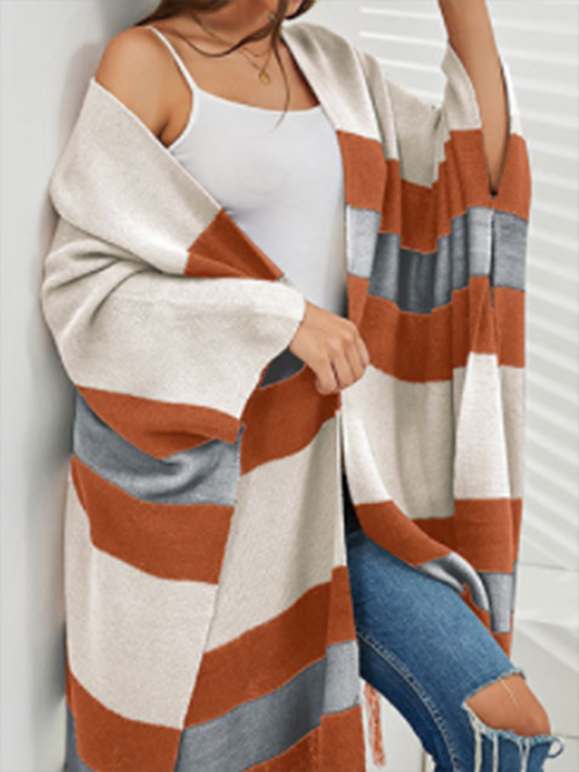 Women's Striped Fringe Knit Shawl Sweater Raw white off white
