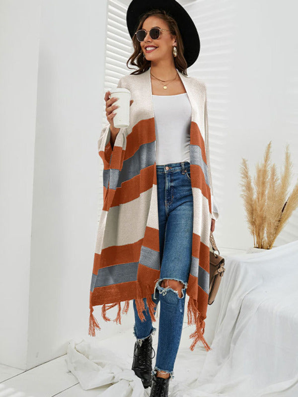 Women's Striped Fringe Knit Shawl Sweater