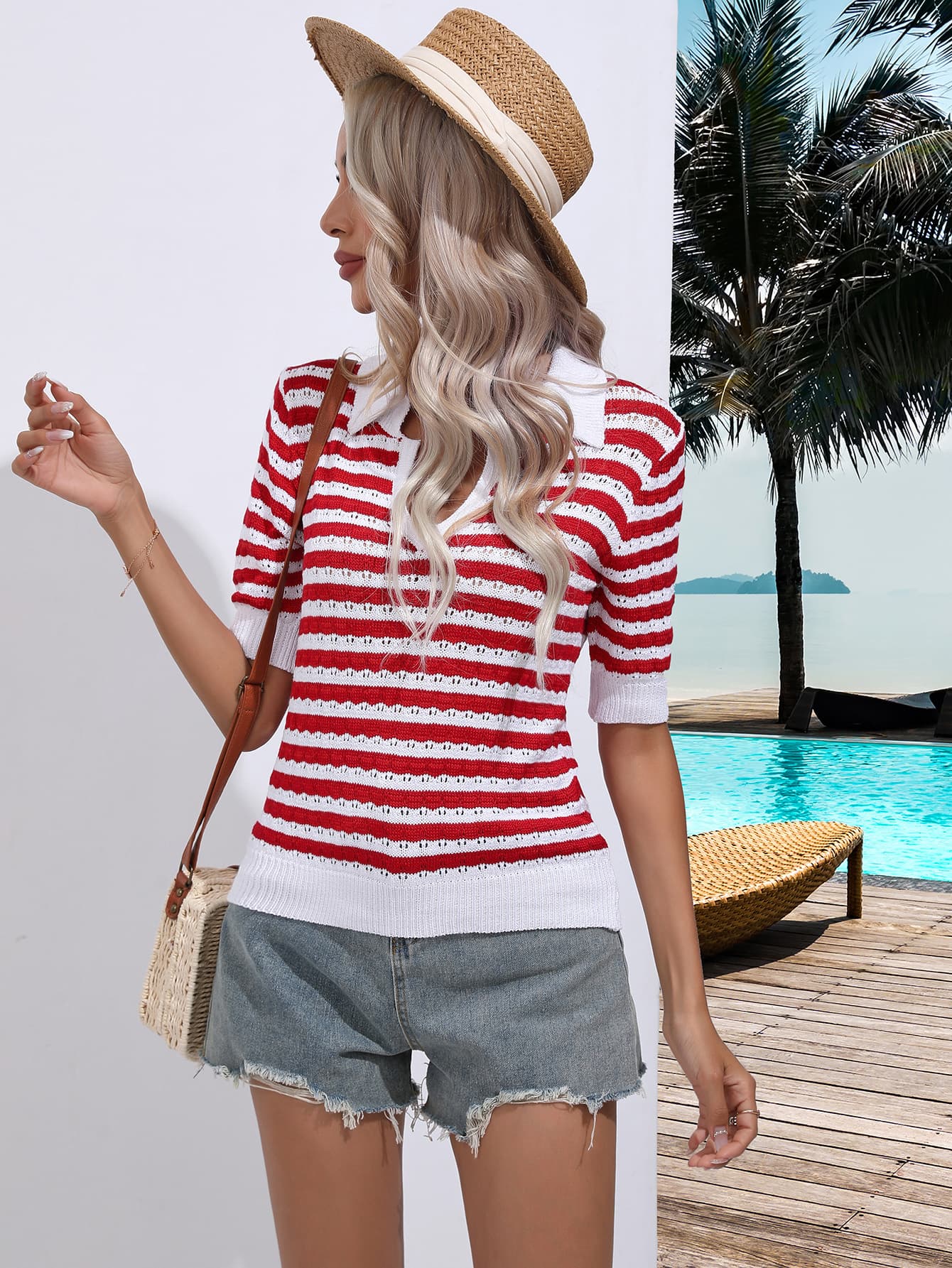 Women's Striped Johnny Collar Half Sleeve Knit Top