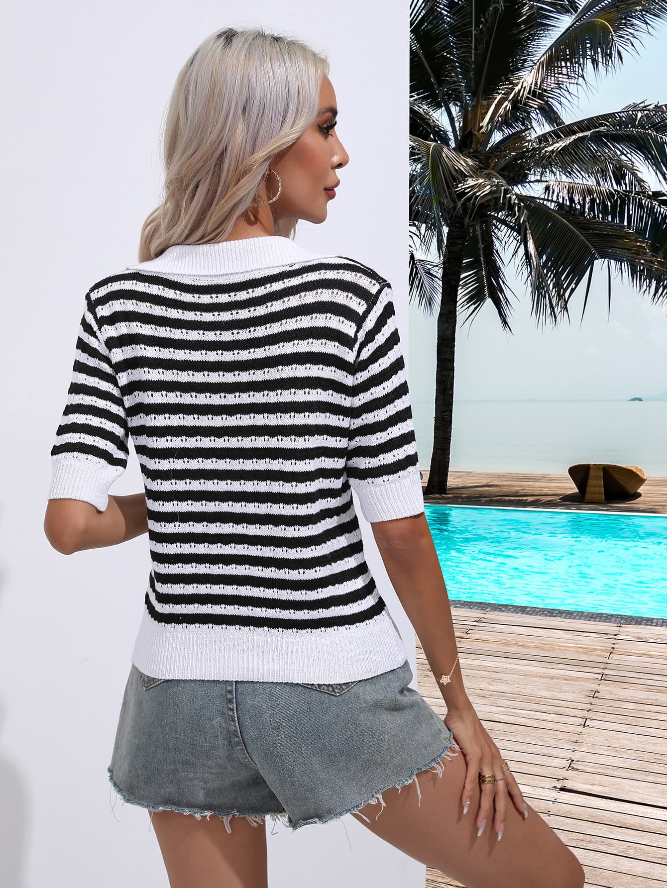 Women's Striped Johnny Collar Half Sleeve Knit Top