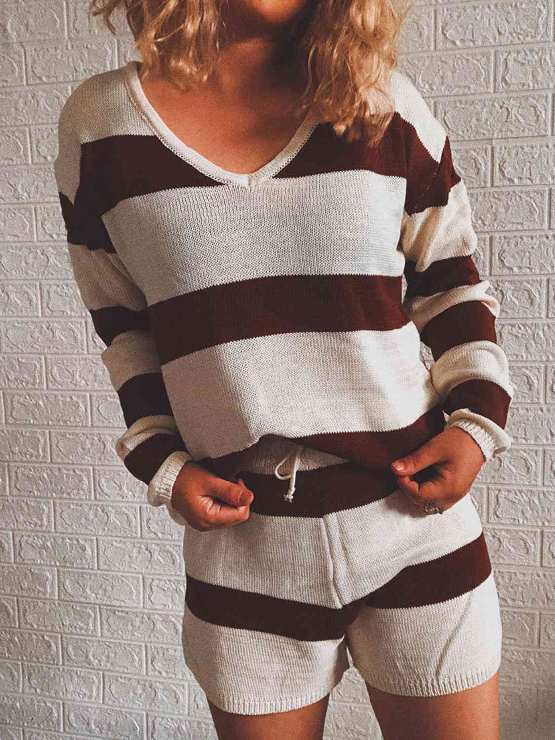 Women's Striped Knit Top and Shorts Set