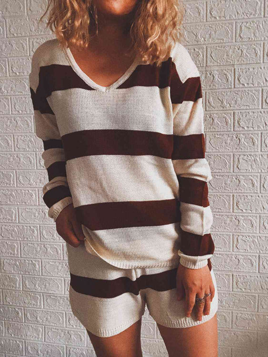 Women's Striped Knit Top and Shorts Set Deep Red