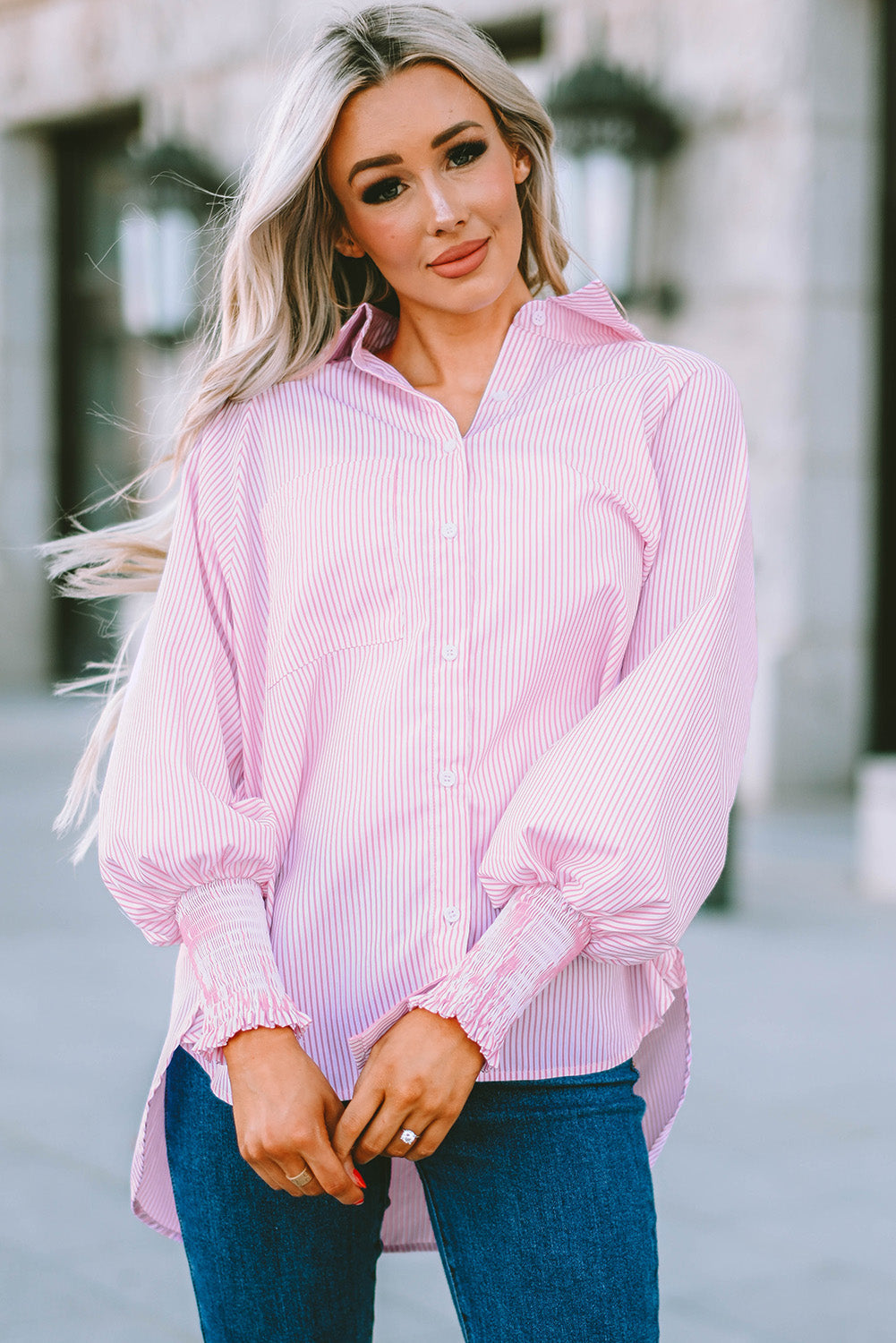 Women's Striped Lantern-Sleeve Collared Shirt Blush Pink