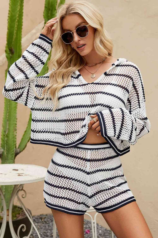 Women's Striped Openwork Knit Hoodie and Shorts Set White