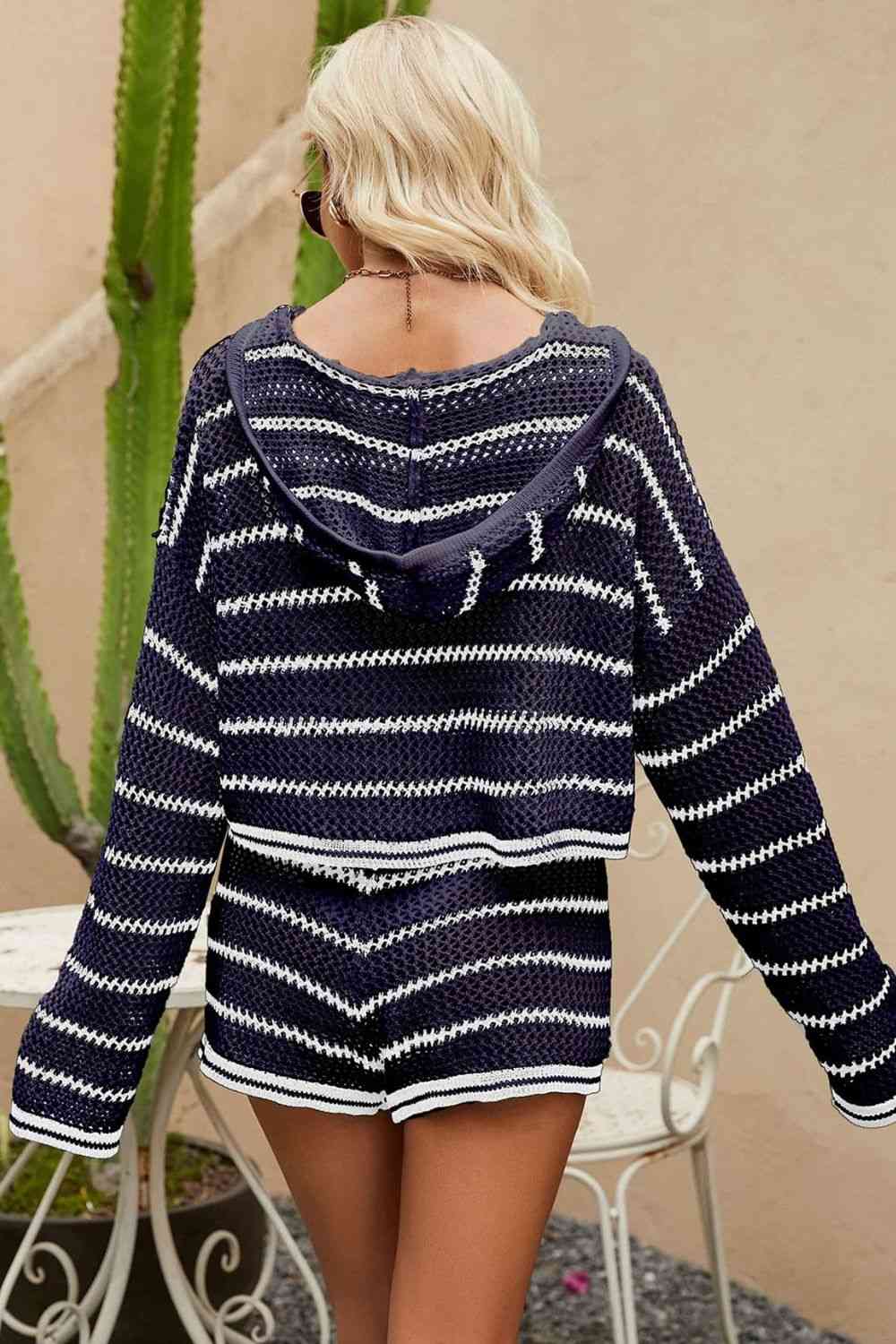 Women's Striped Openwork Knit Hoodie and Shorts Set