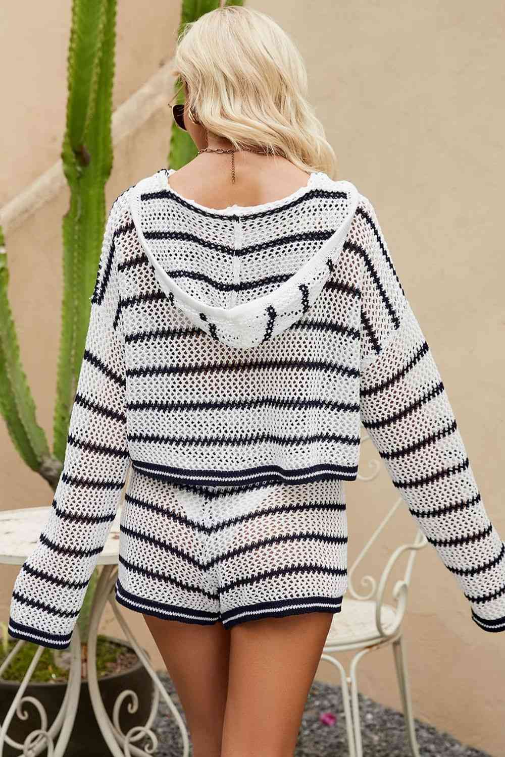 Women's Striped Openwork Knit Hoodie and Shorts Set