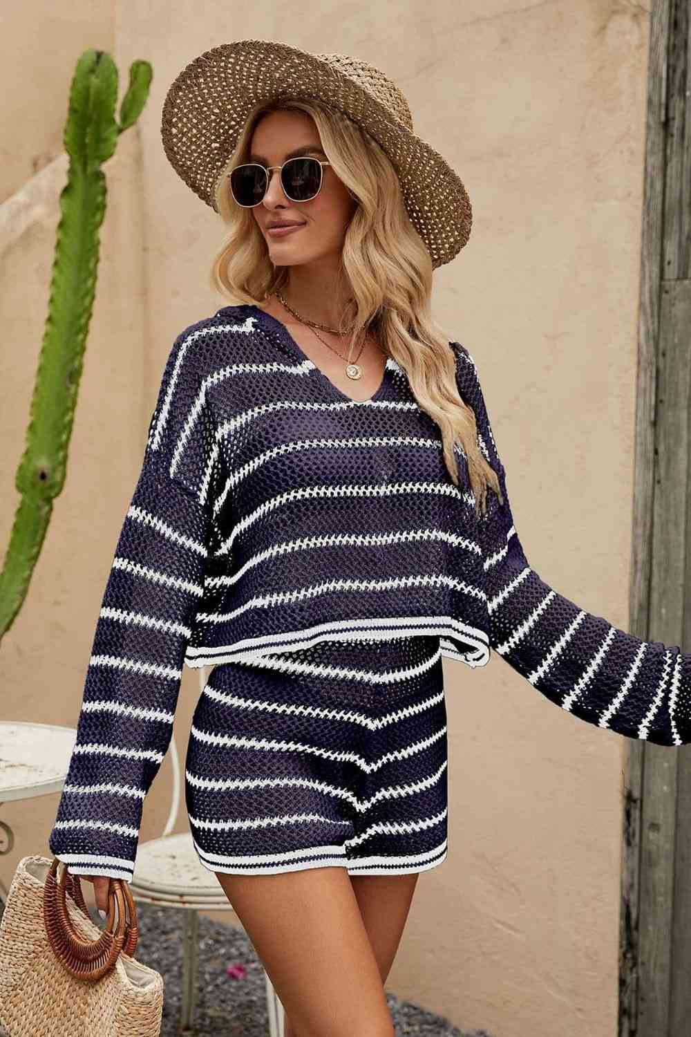 Women's Striped Openwork Knit Hoodie and Shorts Set Dark Navy