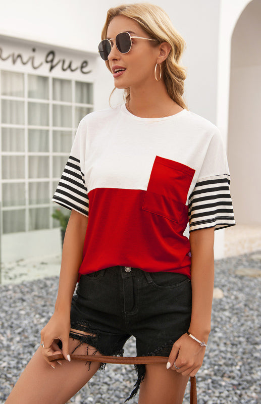 Women's Striped Patchwork T-Shirt Wine Red