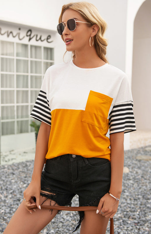 Women's Striped Patchwork T-Shirt Yellow
