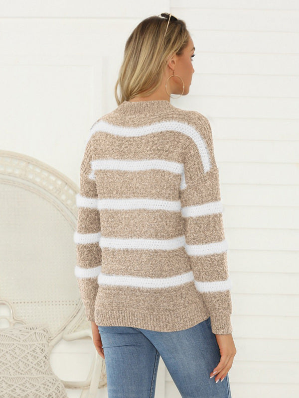 Women's Striped Plush Crewneck Loose Sweater Khaki