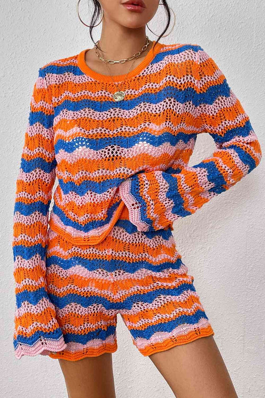 Women's Striped Sweater and Knit Shorts Set Red Orange