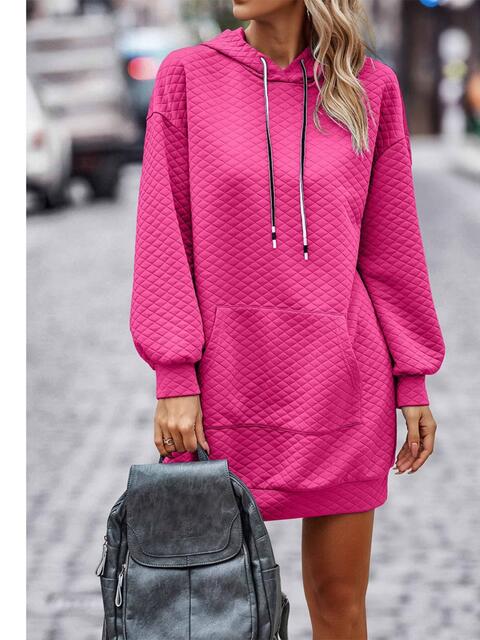 Women's Textured Drawstring Tunic Hoodie Hot Pink