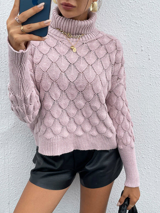 Women's Turtleneck Pullover Diamond Knit Sweater Pink