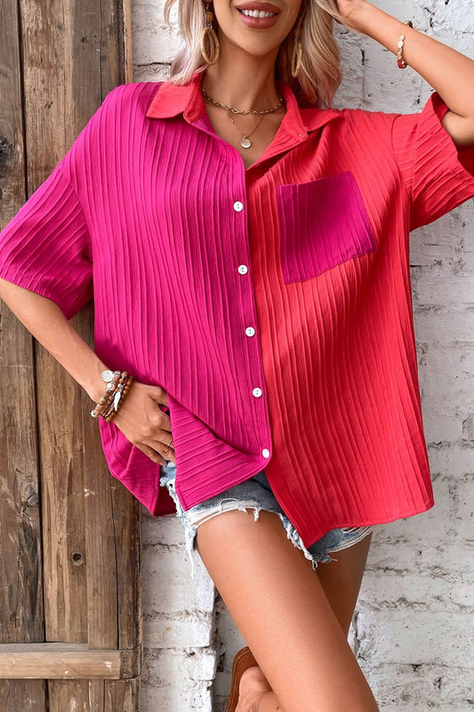 Women's Two-Tone Dropped Shoulder Button-Front Shirt Scarlett Hot Pink