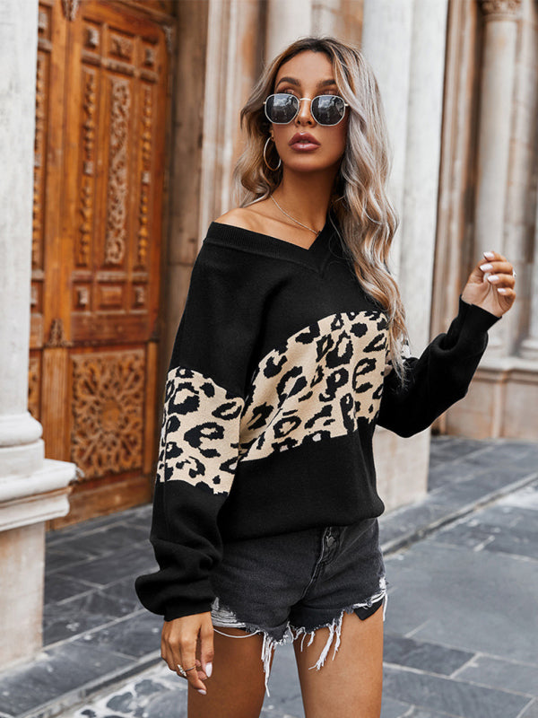 Women's V-Neck Colorblock Leopard Sweater