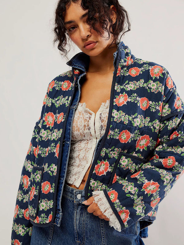 Women's casual loose printed quilted jacket Blue