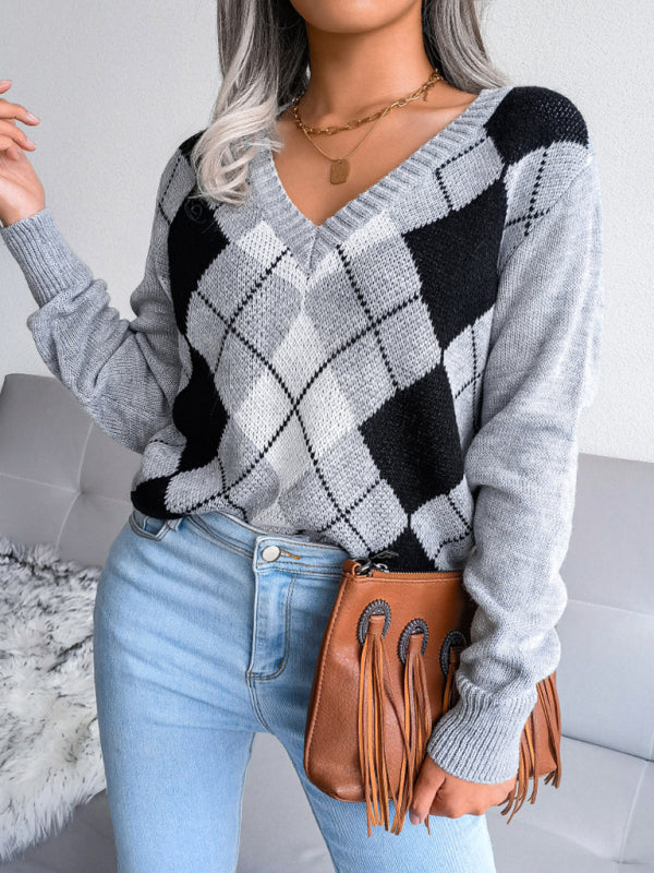 Women's diamond leisure long sleeve sweater Grey