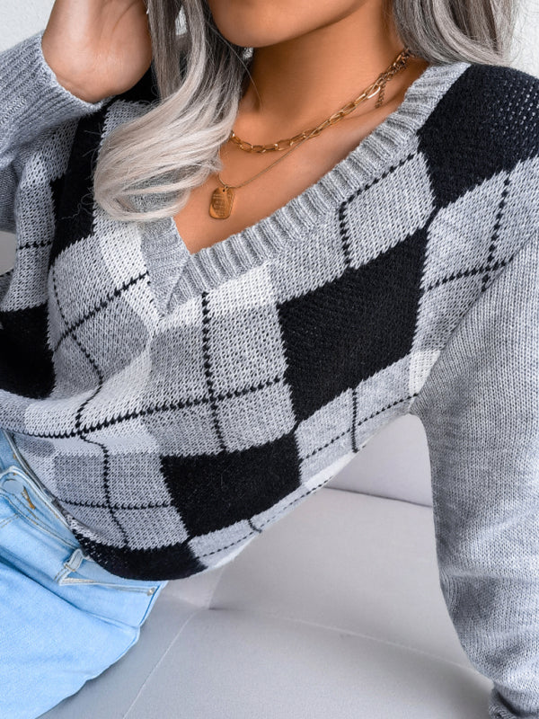 Women's diamond leisure long sleeve sweater