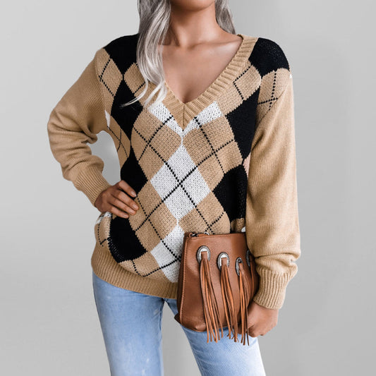 Women's diamond leisure long sleeve sweater Khaki