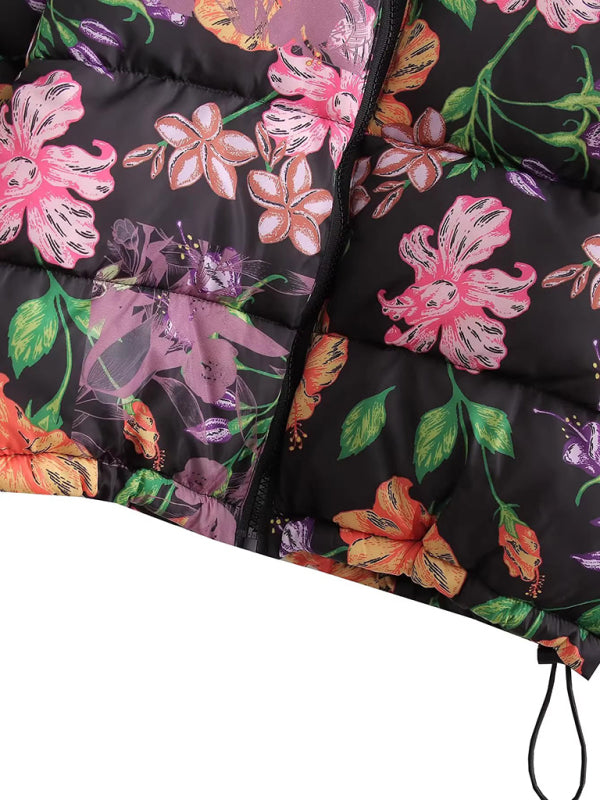 Women's floral print turtleneck Quilting coat Black