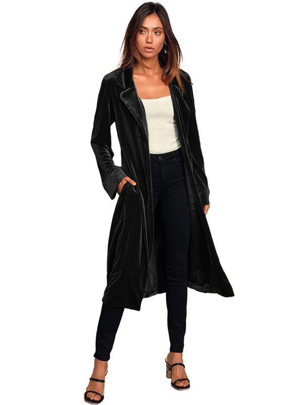 Women's gold velvet casual long lapel blazer Black