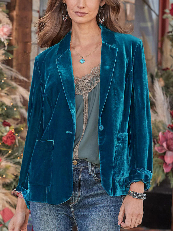 Women's gold velvet casual short lapel blazer Green