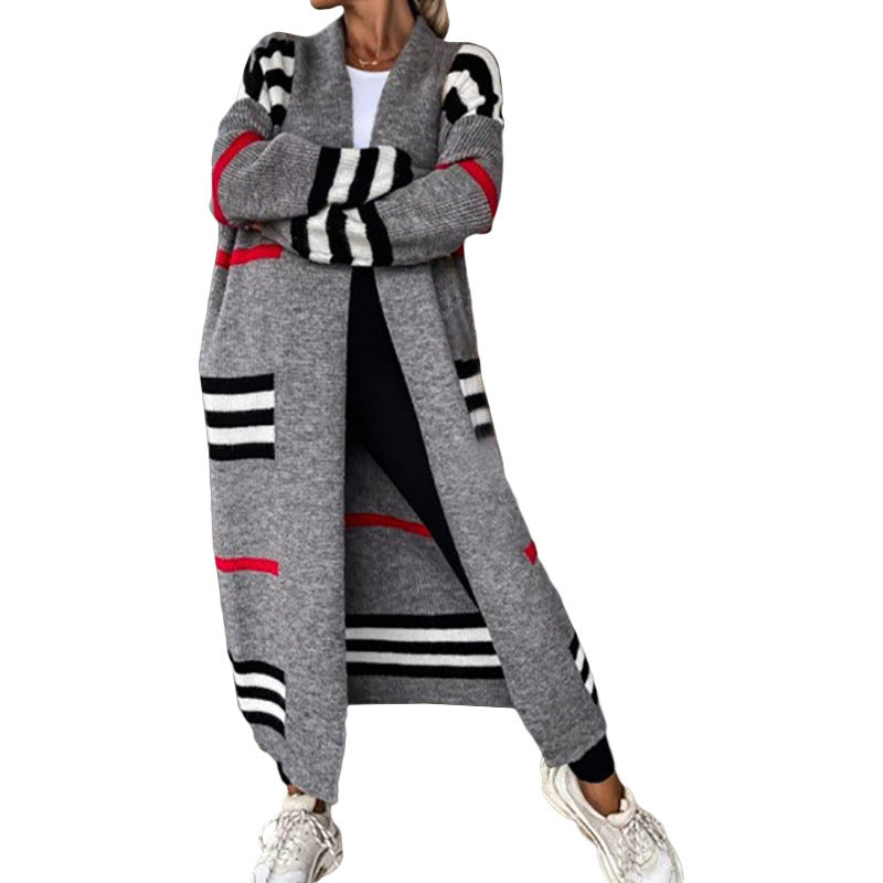 Women's long color block striped cardigan Grey