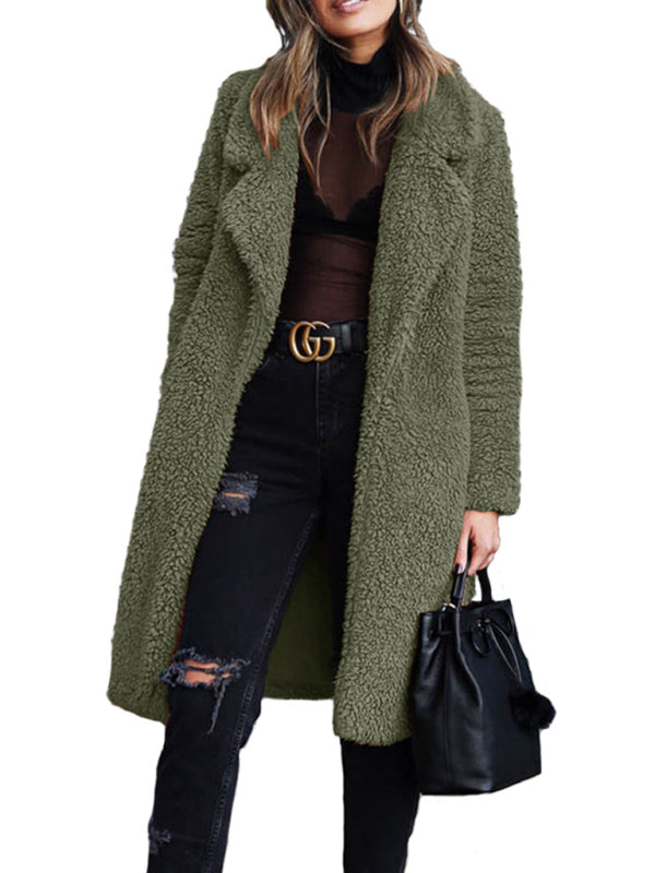 Women's loose long sleeve lapel plush jacket Green