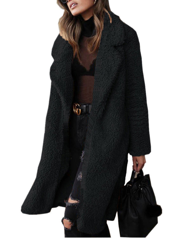 Women's loose long sleeve lapel plush jacket Black