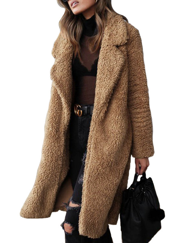 Women's loose long sleeve lapel plush jacket Camel