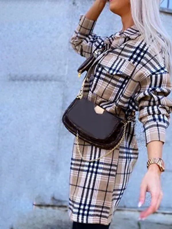 Women's new autumn and winter lapel plaid shirt jacket Khaki