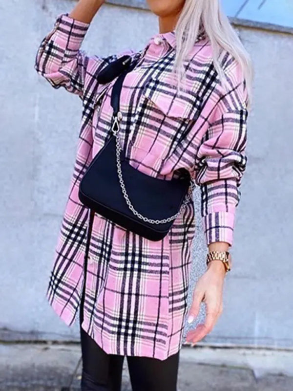 Women's new autumn and winter lapel plaid shirt jacket Pink