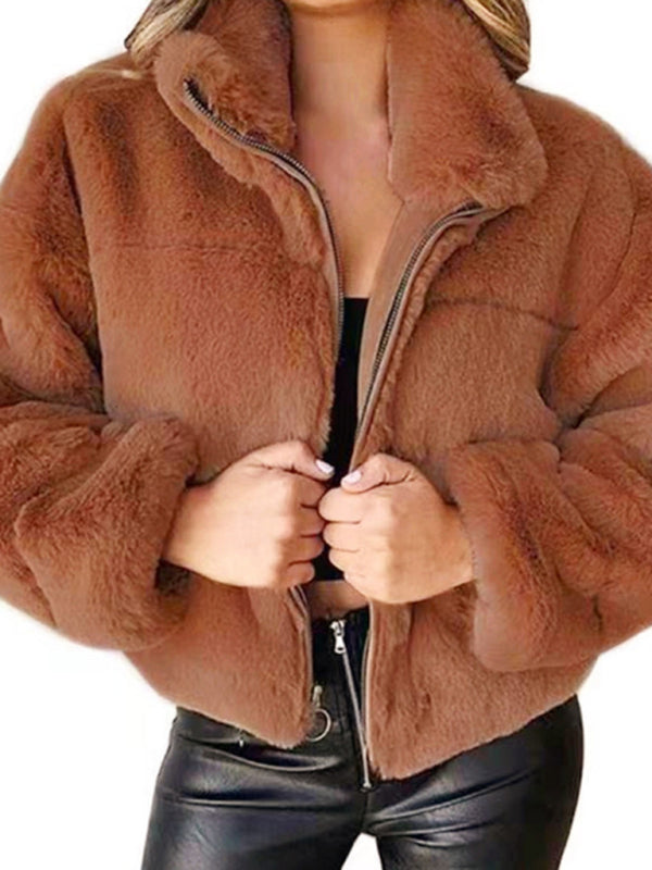 Women's new casual zipper cardigan plush warm jacket Brown