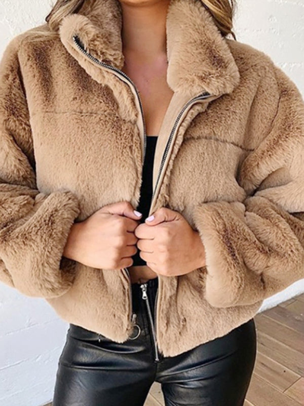 Women's new casual zipper cardigan plush warm jacket Khaki